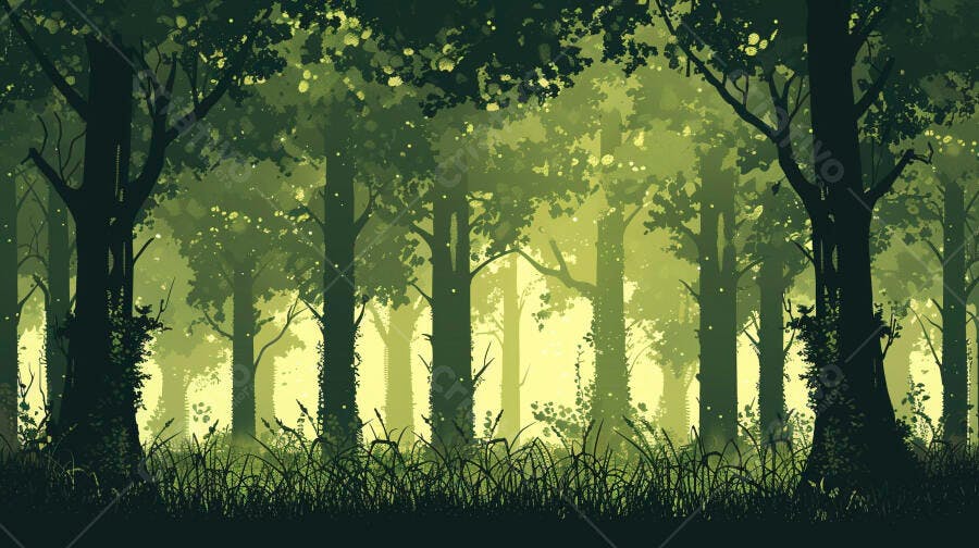 Floresta verde densa com luz misteriosa entre as árvores