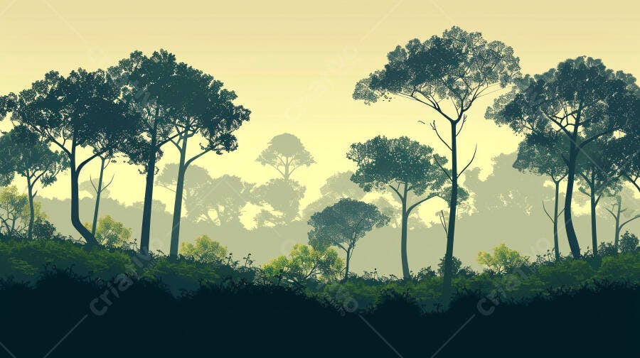Floresta densa com árvores altas e folhagem verde sob céu amarelo brumoso