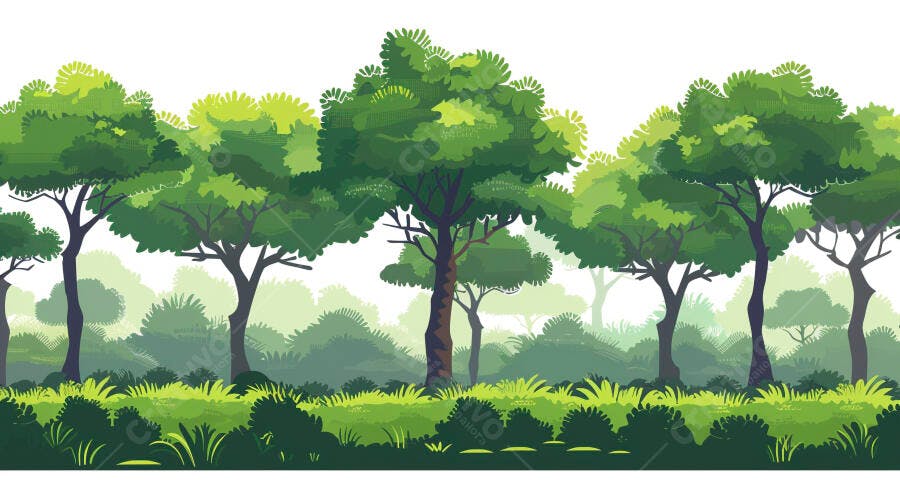 Floresta tropical ilustrada com árvores verdes e folhagem exuberante
