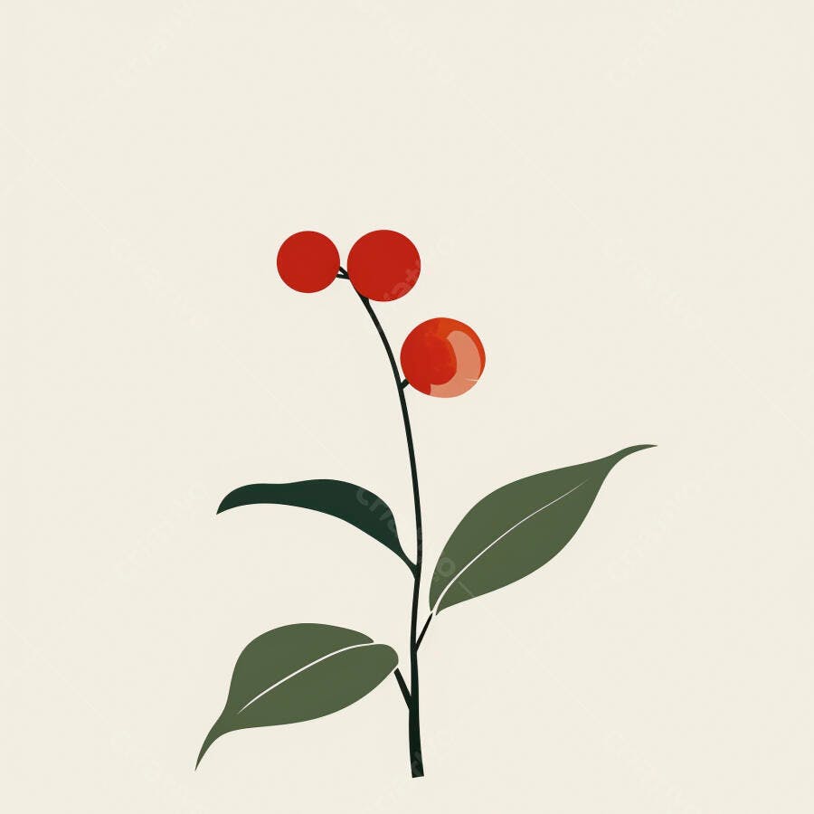Ilustração botânica minimalista bagas vermelhas folhas verdes fundo claro