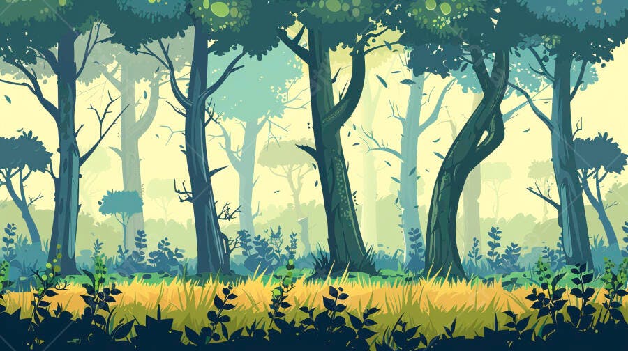 Floresta misteriosa com árvores altas e folhagem verde em estilo ilustração