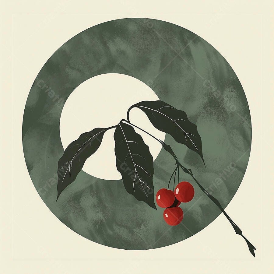 Galho com cerejas vermelhas e folhas em ilustração minimalista verde