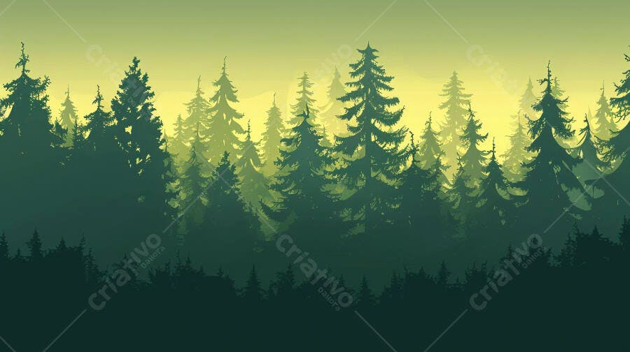 Floresta de pinheiros em silhueta verde e amarela ao amanhecer