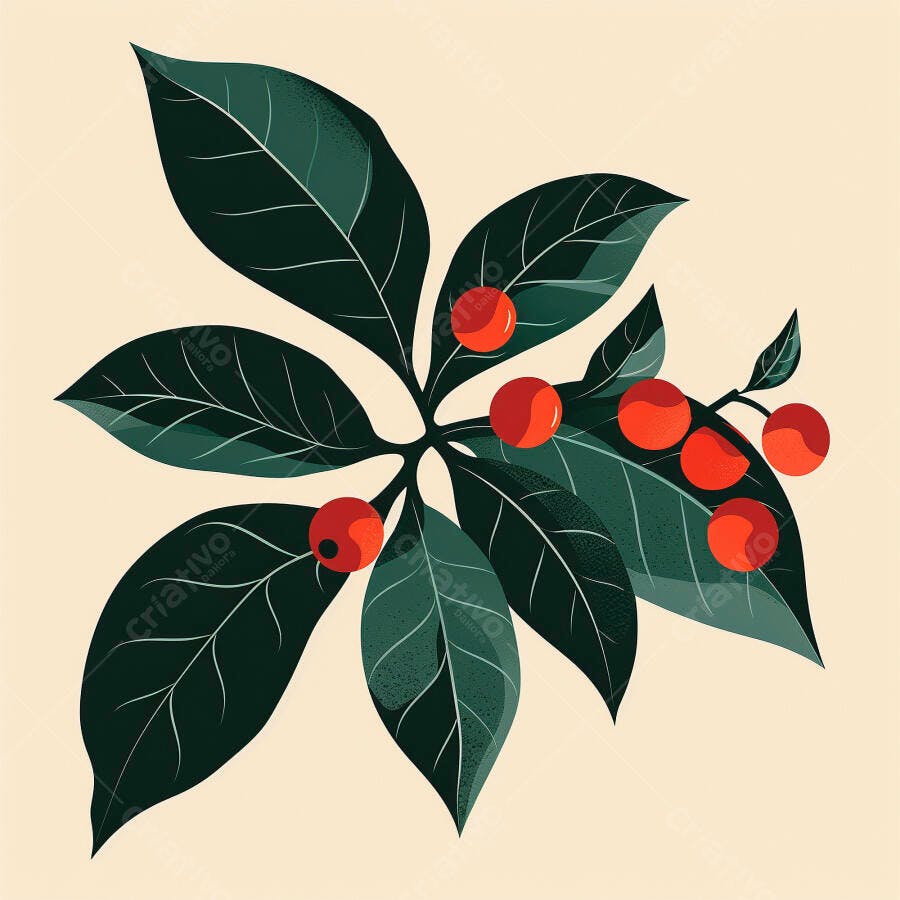 Folhas verdes escuras com bagas vermelhas vibrantes ilustração botânica