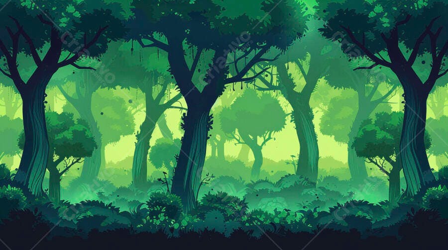Floresta densa verde esmeralda com árvores e arbustos exuberantes