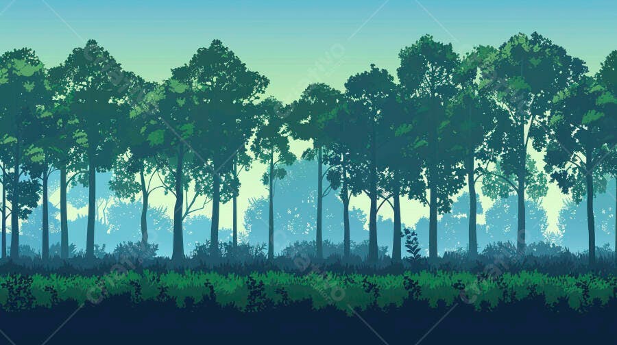 Floresta densa ilustração com árvores verdes e céu azul matinal