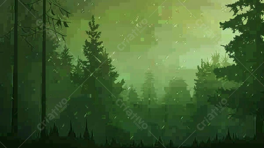 Floresta de pinheiros e neblina verde em estilo pixelado arte digital