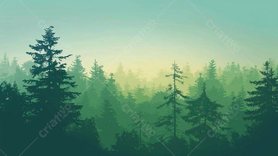 Floresta de pinheiros verdes com neblina ao amanhecer