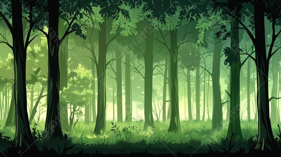 Floresta densa verde com árvores altas e luz filtrada no amanhecer