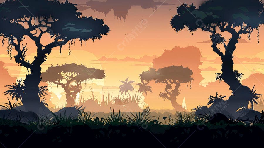 Floresta tropical ao amanhecer silhuetas de árvores e folhagem exuberante