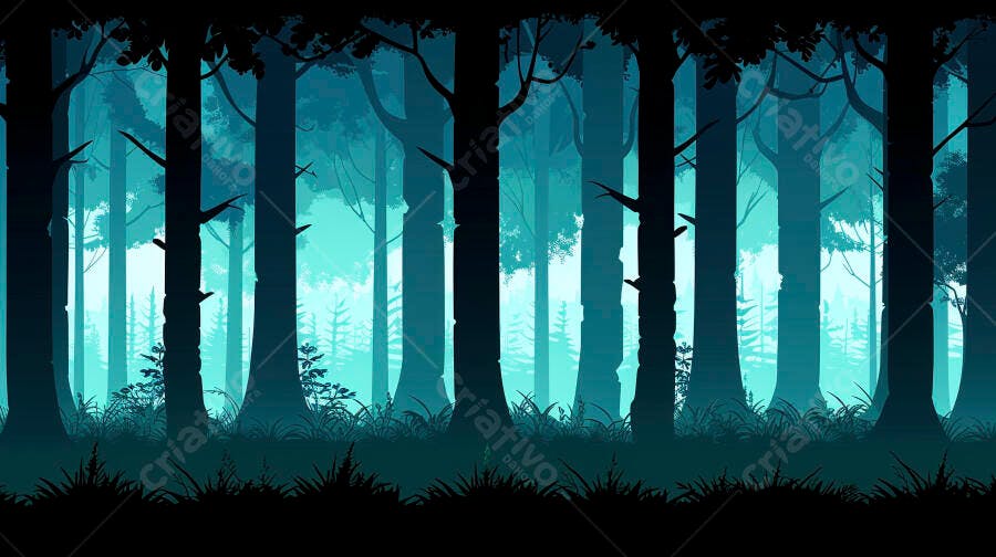 Floresta escura com árvores azuis e turquesa ao anoitecer cenário mágico