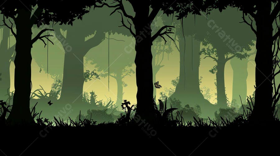 Floresta tropical densa amanhecer com silhuetas de árvores e folhagem verde e amarela