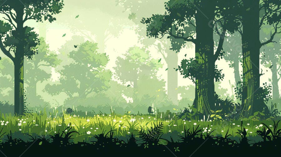 Floresta pixel art com névoa e clareira verde vibrante