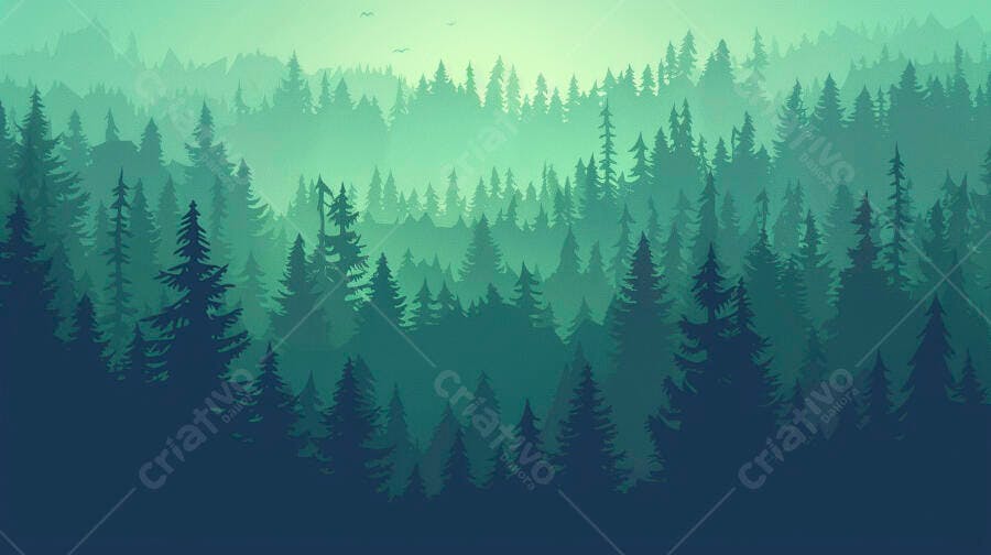 Floresta de pinheiros em camadas com neblina matinal em tons de verde e azul