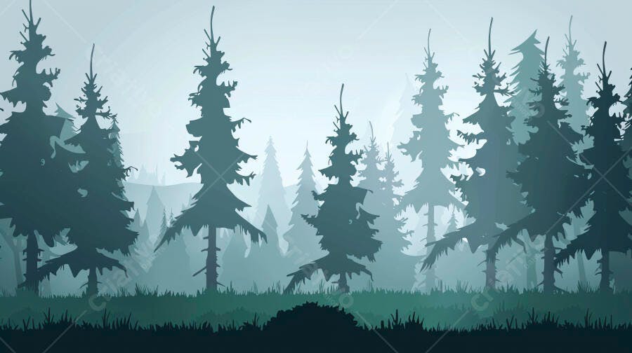 Floresta de pinheiros misteriosa com névoa ilustrada tons de azul e verde
