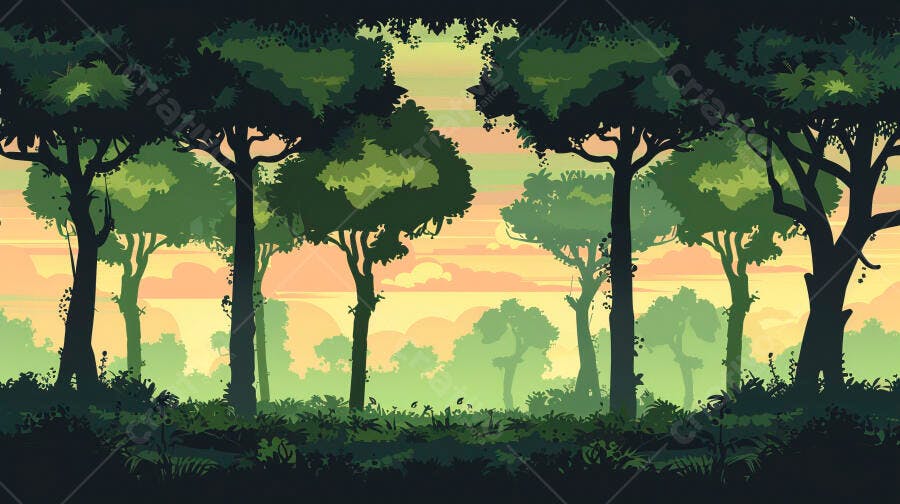 Floresta densa com silhuetas de árvores ao amanhecer laranja e verde