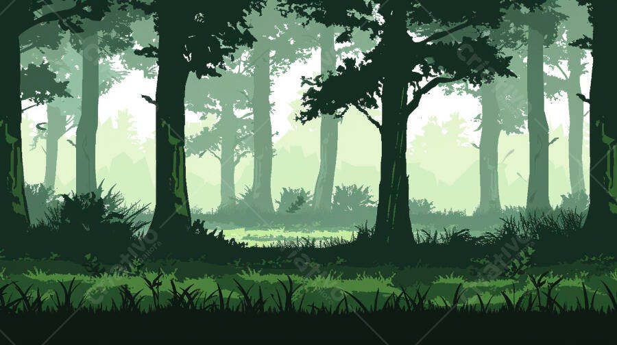 Floresta densa em tons de verde com neblina matinal ilustrada