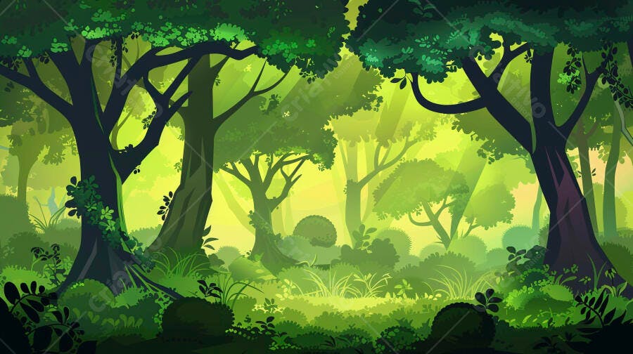 Floresta exuberante iluminada por raios de sol intensos e folhagem verde