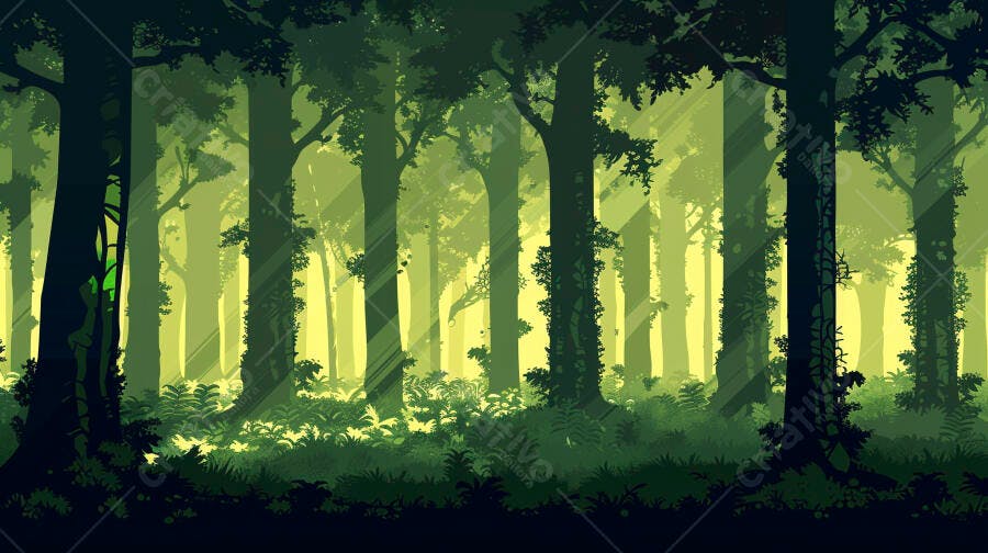 Floresta densa com raios de sol e folhagem vibrante verde amarelada