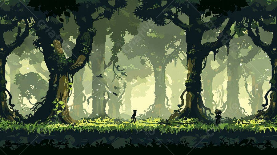 Floresta pixel art verde misteriosa com figuras caminhando na selva densa