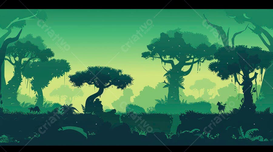 Floresta tropical verde com árvores e animais silhuetas ao amanhecer
