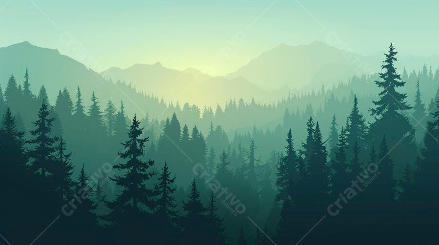 Floresta de pinheiros e montanhas ao amanhecer ilustração vetorial