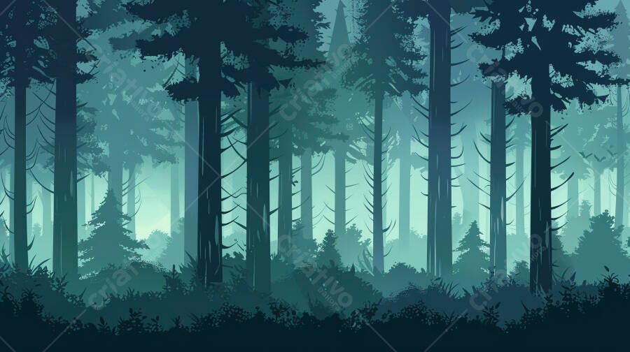 Floresta misteriosa de pinheiros com névoa azul e verde escura