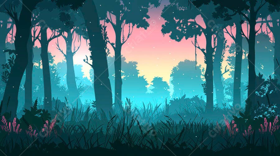 Floresta mística ao amanhecer com árvores escuras e céu rosa e azul