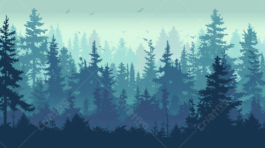 Floresta de pinheiros em tons de azul e verde paisagem ilustrada com pássaros