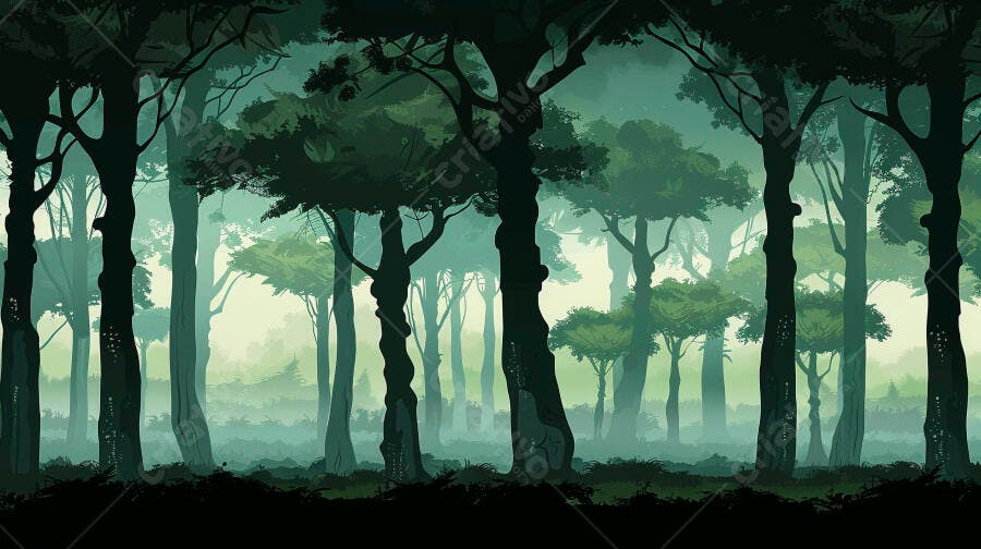 Cenário de floresta densa com neblina verde escura ao amanhecer