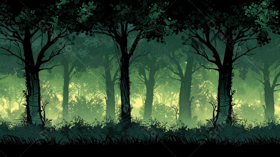 Floresta escura ilustrada com neblina verde e árvores silhuetadas