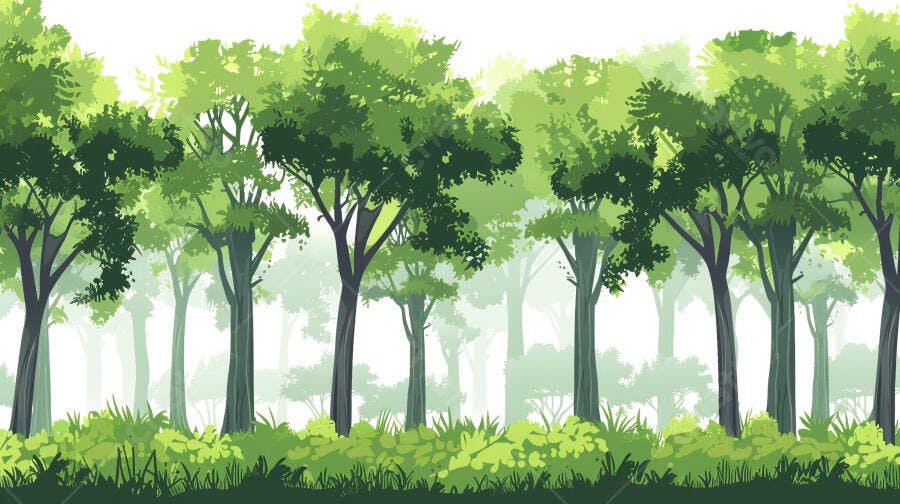 Floresta de árvores verdes em estilo ilustração com vegetação densa