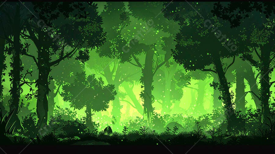 Floresta mágica iluminada por luzes verdes brilhantes e vaga-lumes