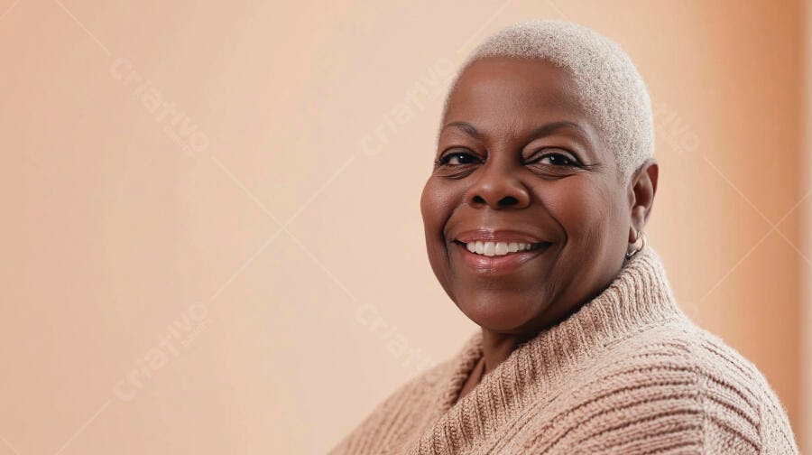 Mulher idosa negra sorrindo feliz com suéter bege em estúdio