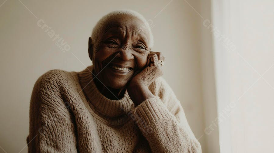 Mulher idosa negra feliz sorrindo com suéter de tricô bege em casa
