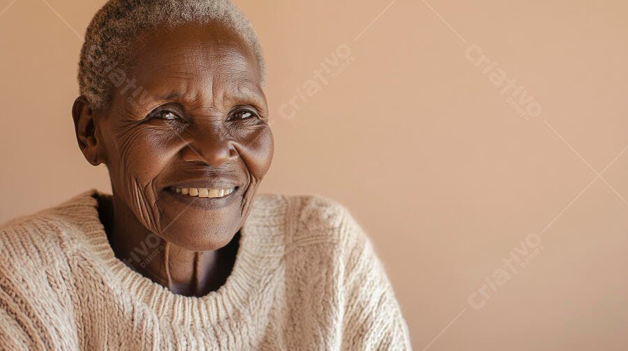Mulher idosa negra feliz sorrindo de suéter creme em fundo neutro