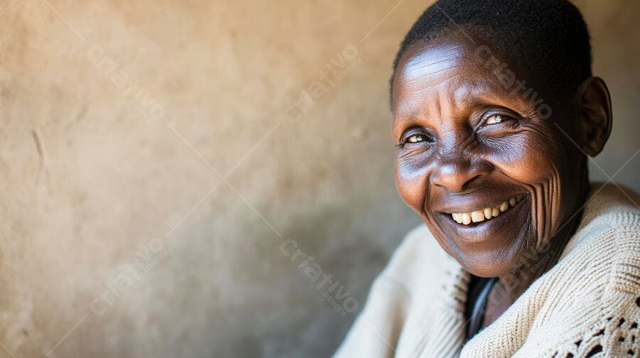 Mulher idosa africana sorrindo feliz com suéter bege claro em ambiente interno