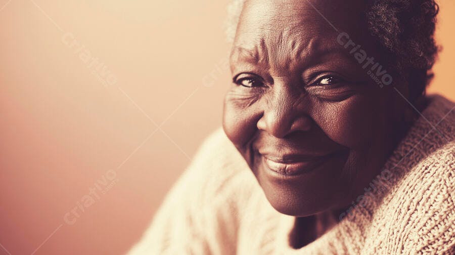 Mulher negra idosa sorrindo com ternura em retrato aproximado