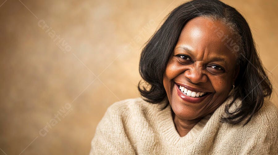 Mulher negra idosa sorrindo alegremente em suéter bege em close-up