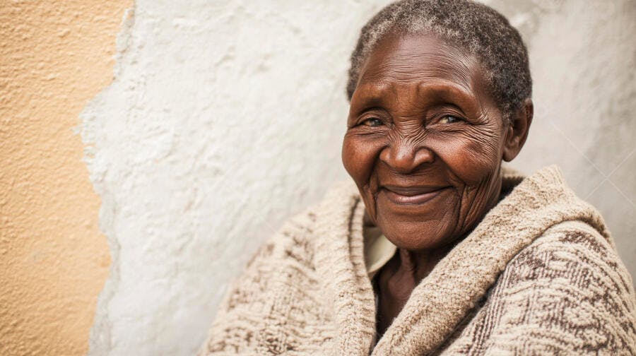 Mulher idosa negra sorrindo vestindo suéter de lã bege em retrato acolhedor