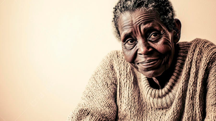 Mulher idosa negra sorrindo vestindo suéter de lã bege em estúdio