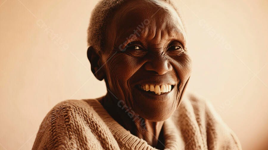 Mulher idosa negra sorrindo feliz em suéter bege claro