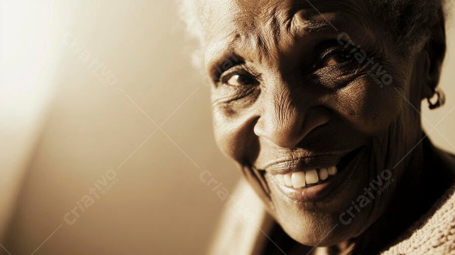 Mulher idosa negra sorrindo feliz em retrato suave