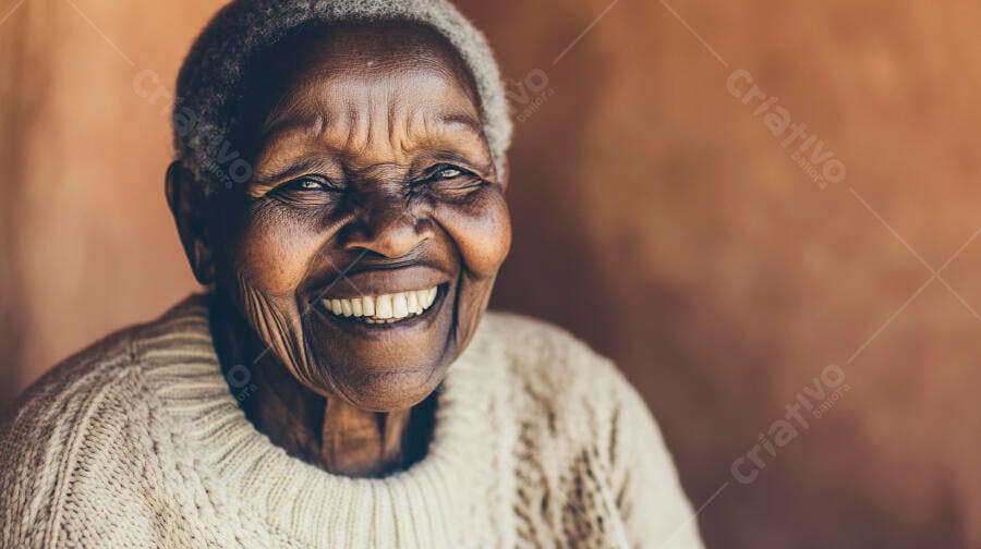 Mulher idosa negra sorrindo alegremente com suéter bege em fundo quente