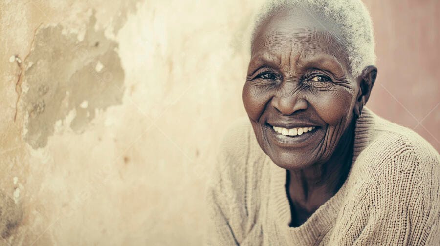 Mulher idosa negra sorrindo feliz em frente a parede rústica