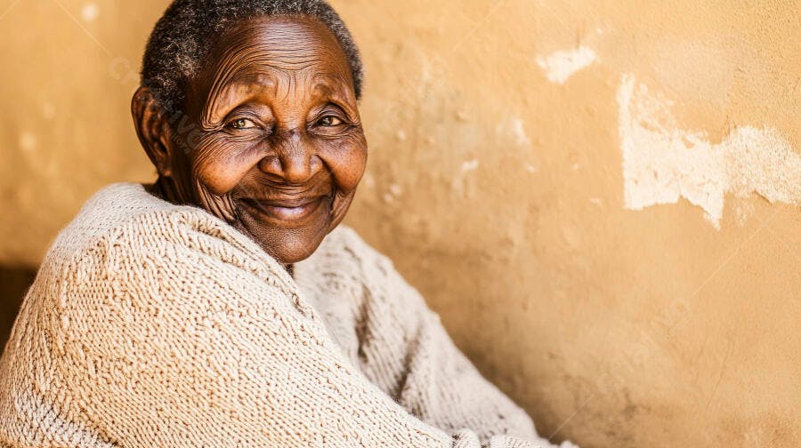 Mulher idosa negra sorrindo com suéter claro contra parede amarela