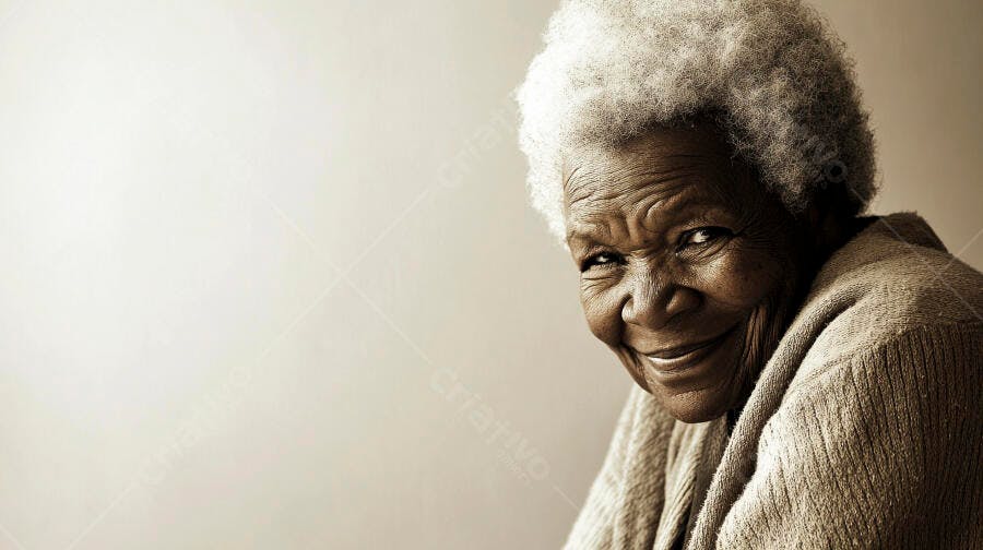 Senhora idosa negra sorrindo com cabelo branco olhando para a câmera
