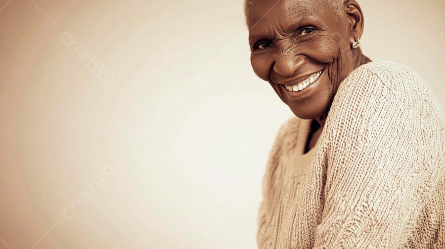 Mulher Negra idosa sorrindo feliz com suéter de tricô bege e fundo claro