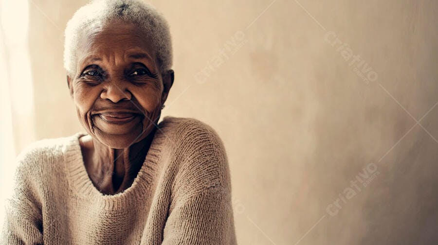 Mulher idosa negra sorrindo com suéter bege em plano suave
