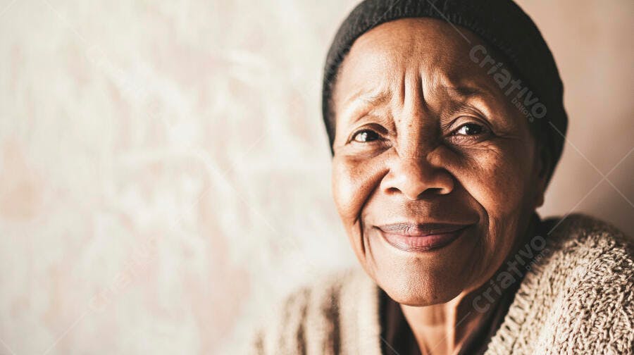 Mulher idosa negra com gorro sorrindo em retrato íntimo